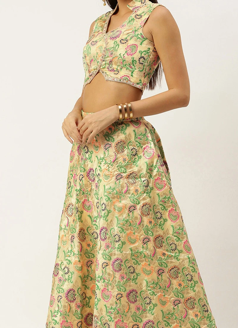 Teen Girls Beige Art Silk Jacquard Co Ords Set Festive Wear