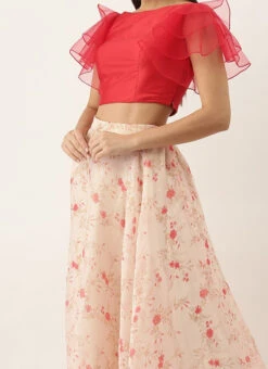 Teen Girls Beige Color Digital Printed Crop Top N Skirt Festive Wear