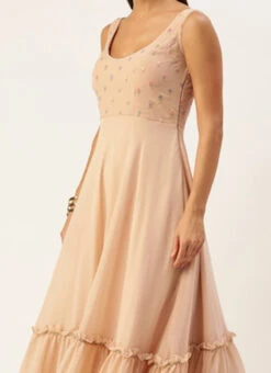 Teen Girls Peach Georgette Embroidered Tiered Gown Festive Wear