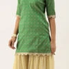 Teen Girls Beige N Green Zari Tiered Sharara Set Festive Wear