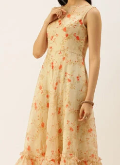 Teen Girls Beige Printed Organza Anarakali Suit Festive Wear