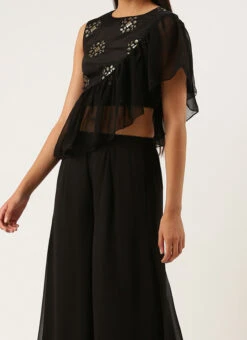 Teen Girls Black Chinnon Embroidered Palazzo Set Festive Wear