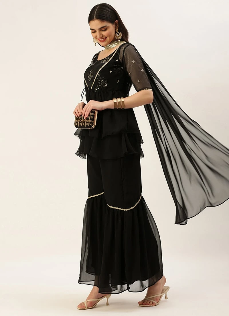 Teen Girls Black Chinon Embroidered N Sequins Gharara Set Festive Wear - Image 3