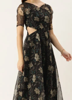 Teen Girls Black Digital Printed Organza Gown Party Wear