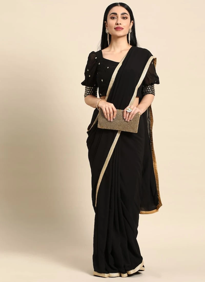 Teen Girls Black Embroidered Blouse Georgette Saree Festive Wear - Image 3