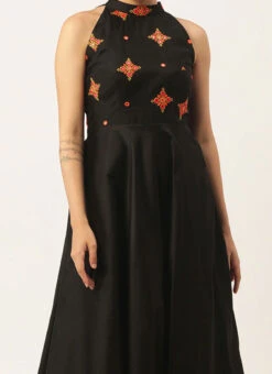 Teen Girls Black Embroidered Halter Neck Embellished Gown Festive Wear