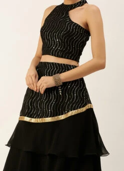 Teen Girls Black Embroidered Layered Lehenga Festive Wear