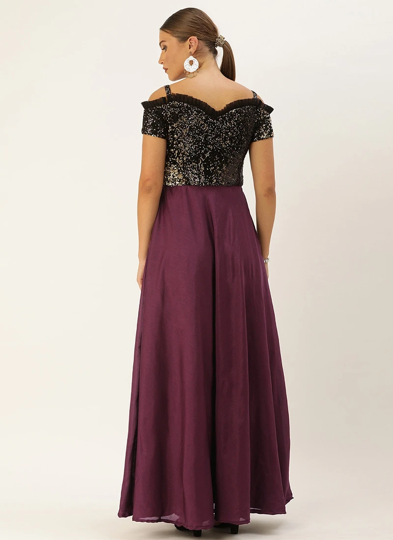 Teen Girls Black Embroidered Off Shoulder Gown Party Wear - Image 4