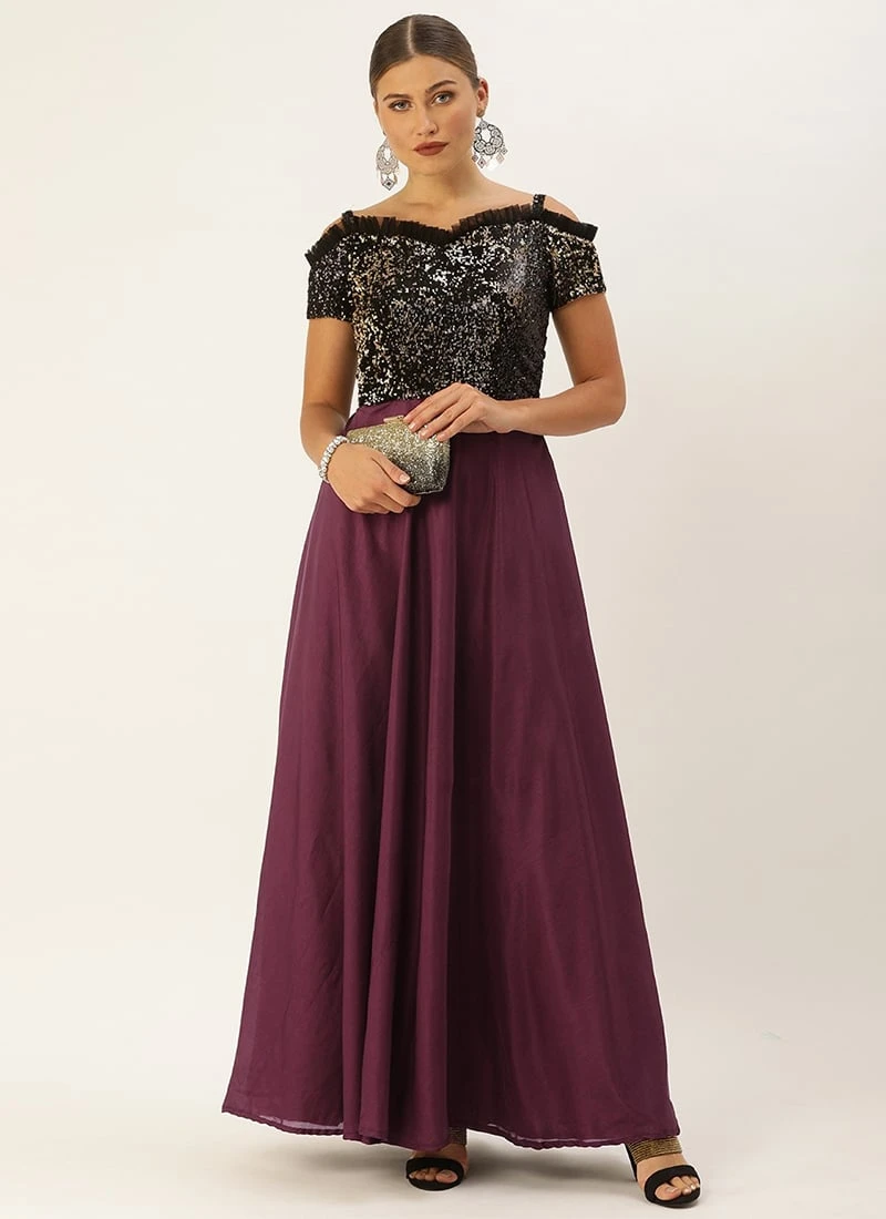 Teen Girls Black Embroidered Off Shoulder Gown Party Wear - Image 3