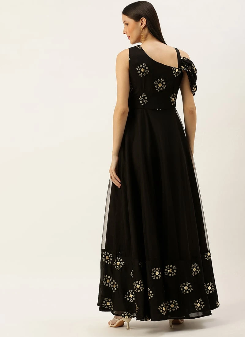 Teen Girls Black Embroidered One Shoulder Gown Party Wear - Image 4