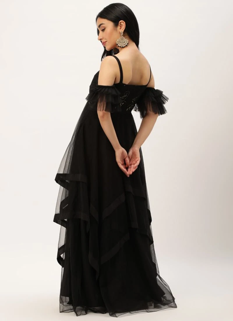 Teen Girls Black Embroidered Organza N Net Gown Party Wear - Image 4