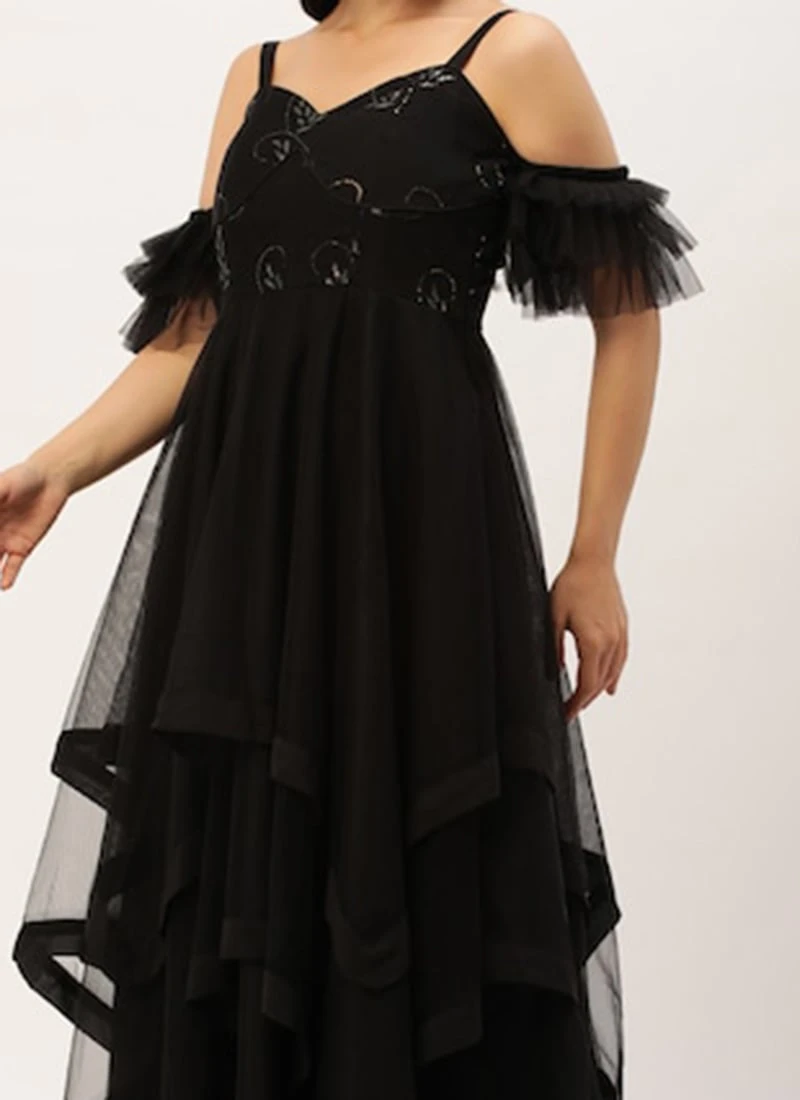 Teen Girls Black Embroidered Organza N Net Gown Party Wear