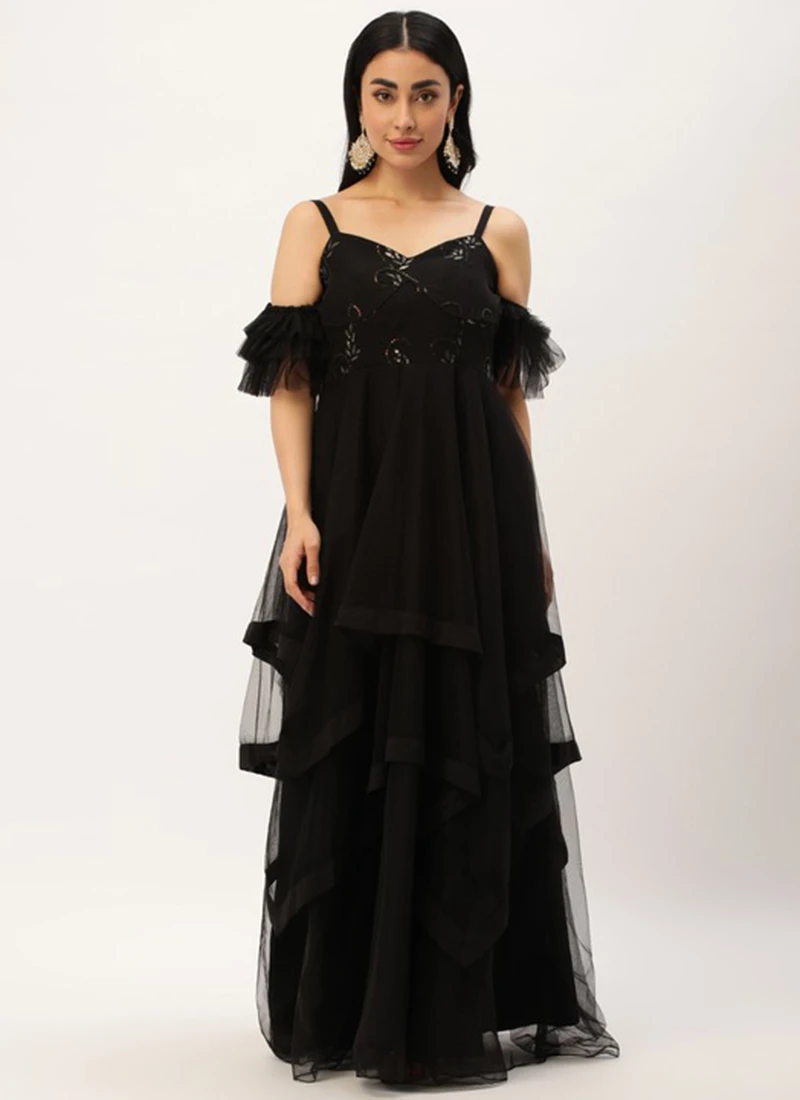 Teen Girls Black Embroidered Organza N Net Gown Party Wear - Image 3