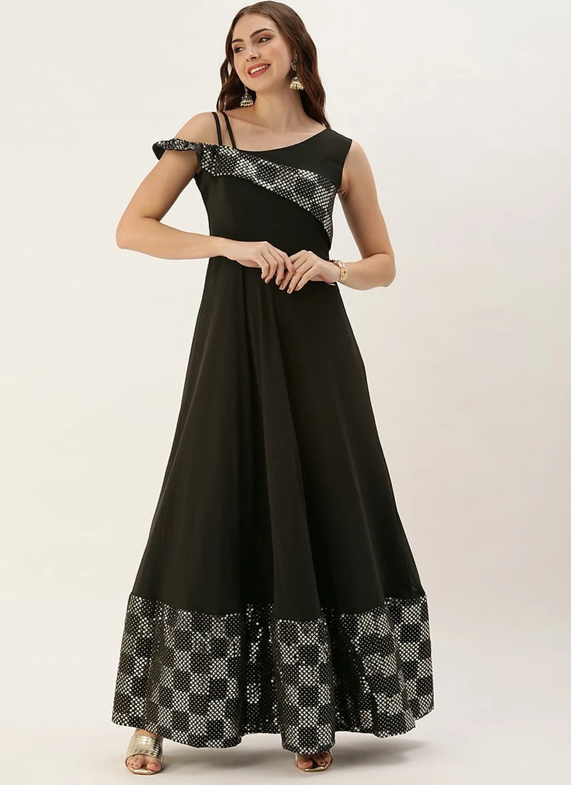 Teen Girls Black Georgette Embroidered Gown Party Wear - Image 3