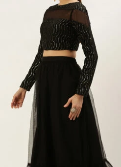 Teen Girls Black Georgette Embroidered Lehenga Set Wedding Wear