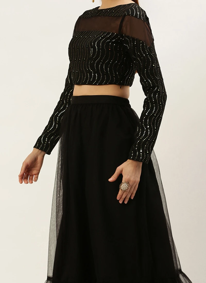 Teen Girls Black Georgette Embroidered Lehenga Set Wedding Wear