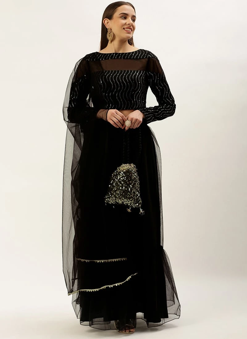 Teen Girls Black Georgette Embroidered Lehenga Set Wedding Wear - Image 3