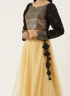 Teen Girls Black Georgette Mirror Embroidery Beige Lehenga Festive Wear