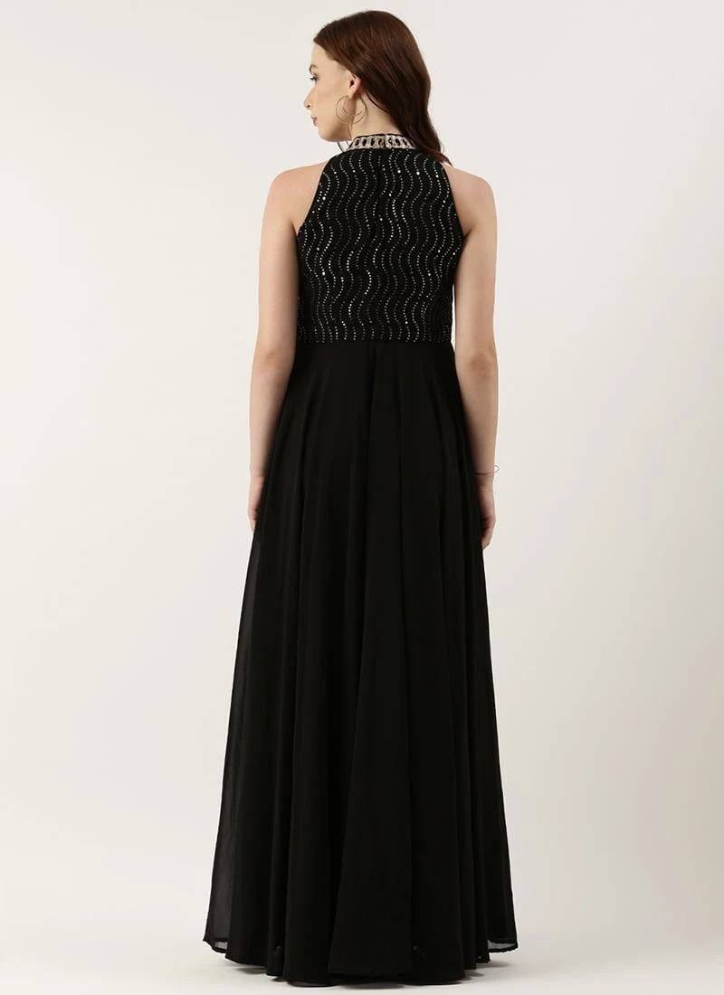 Teen Girls Black Georgette Sequins Gown Party Wear - Image 4