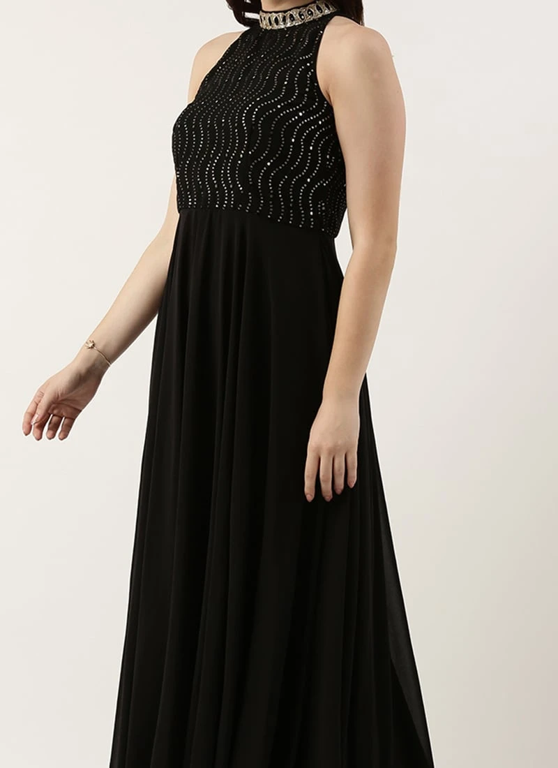 Teen Girls Black Georgette Sequins Gown Party Wear