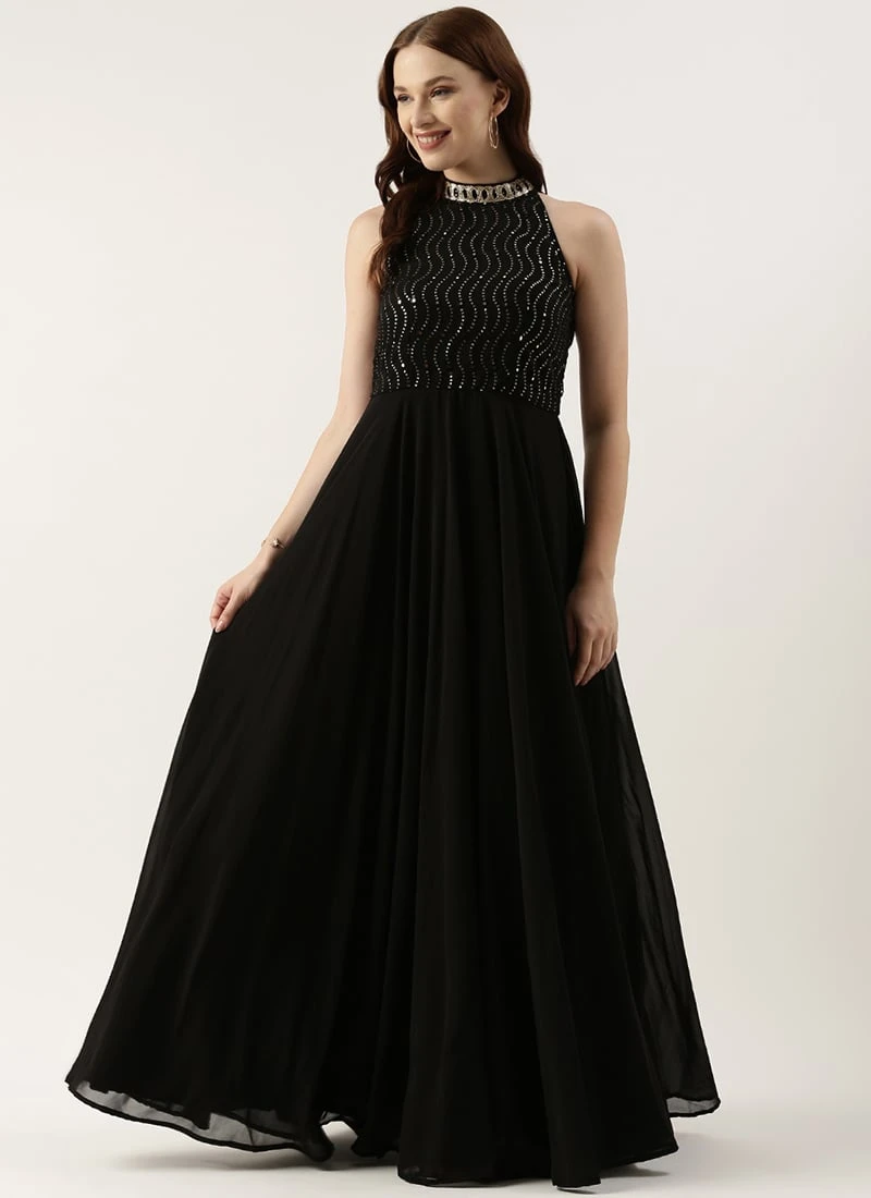 Teen Girls Black Georgette Sequins Gown Party Wear - Image 3