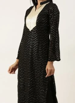 Teen Girls Black Georgette Sequins Narrow Straight Pant Suit Festive Wear