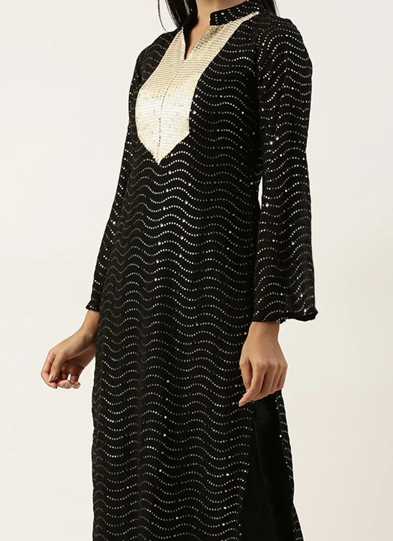 Teen Girls Black Georgette Sequins Narrow Straight Pant Suit Festive Wear