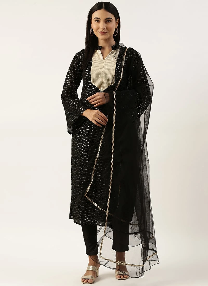 Teen Girls Black Georgette Sequins Narrow Straight Pant Suit Festive Wear - Image 3