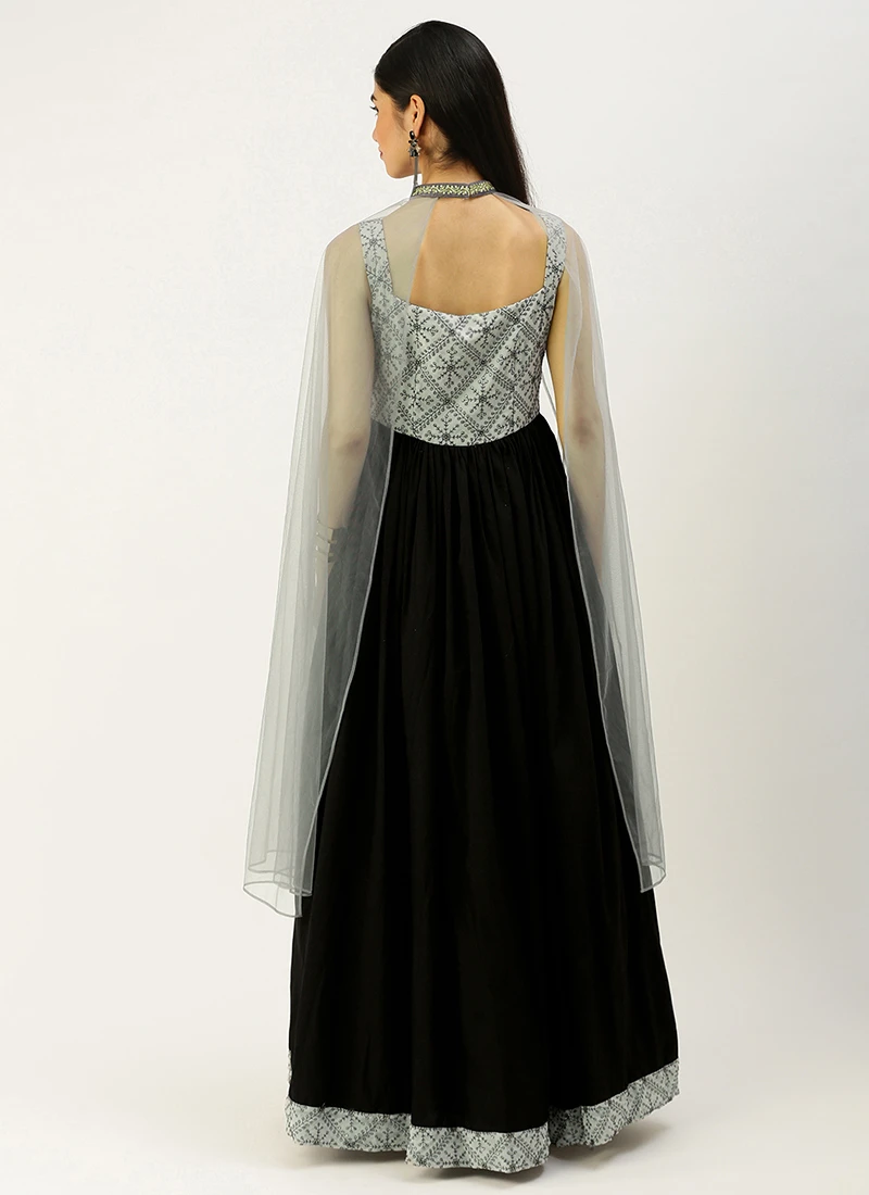 Teen Girls Black N Grey Embroidered Gown Cape Party Wear - Image 4