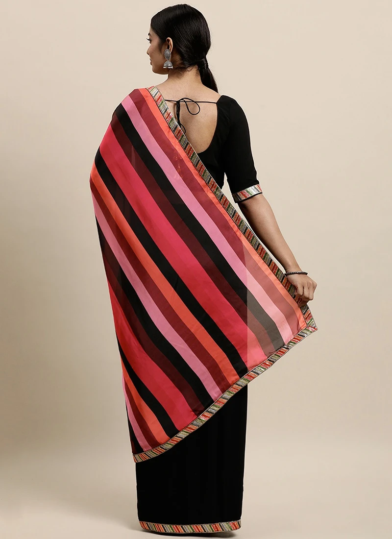 Teen Girls Black N Multicolored Blouse N Saree Set Party Wear - Image 4