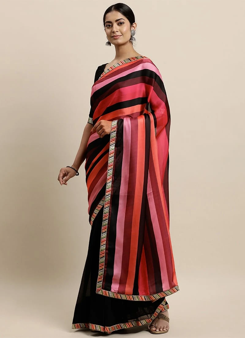Teen Girls Black N Multicolored Blouse N Saree Set Party Wear - Image 3