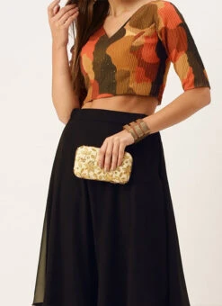 Teen Girls Black N Multicolored Embroidered Crop Top N Skirt Festive Wear