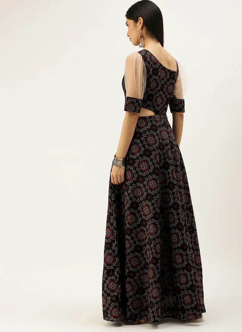 Teen Girls Black Printed Art Silk Gown Festive Wear - Image 4