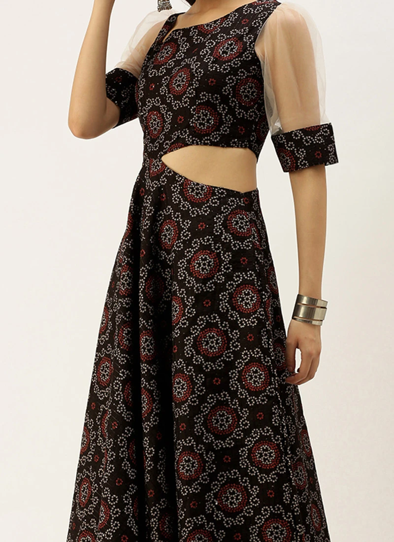 Teen Girls Black Printed Art Silk Gown Festive Wear