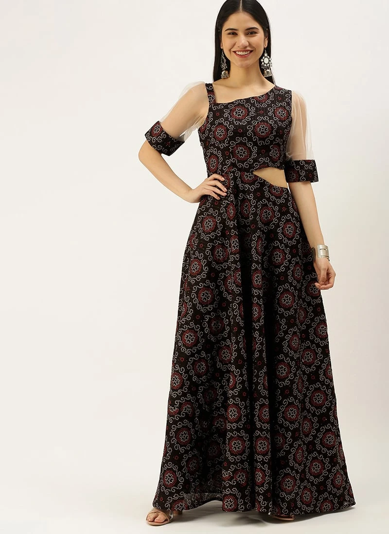 Teen Girls Black Printed Art Silk Gown Festive Wear - Image 3