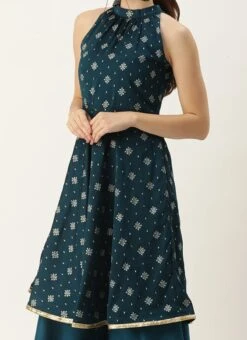 Teen Girls Blue Art Silk Halter Neck Sharara Suit Festive Wear