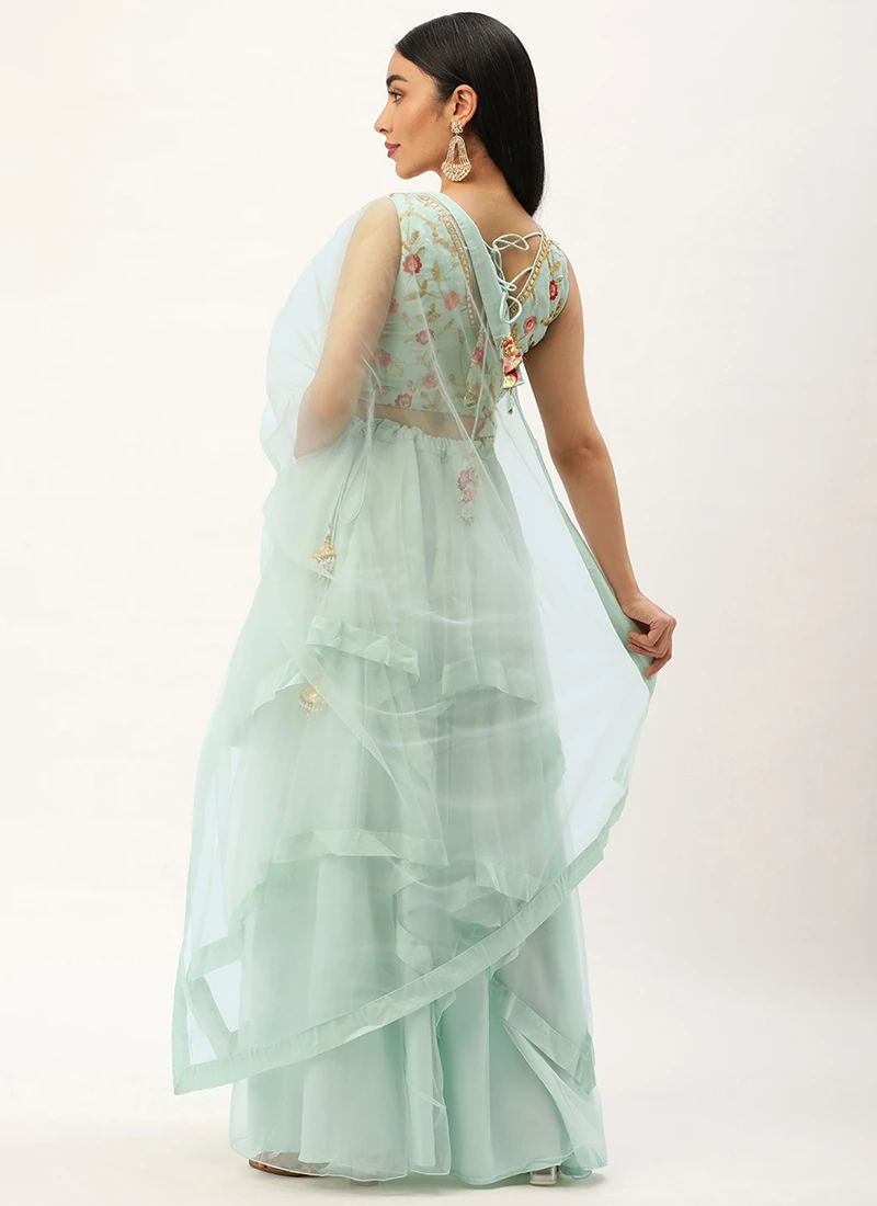 Teen Girls Blue Chinon Embroidered Green Net Lehenga Set Festive Wear - Image 4