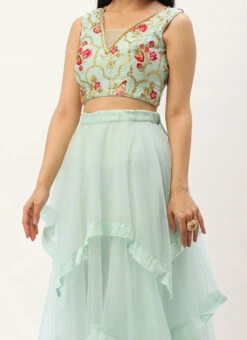 Teen Girls Blue Chinon Embroidered Green Net Lehenga Set Festive Wear