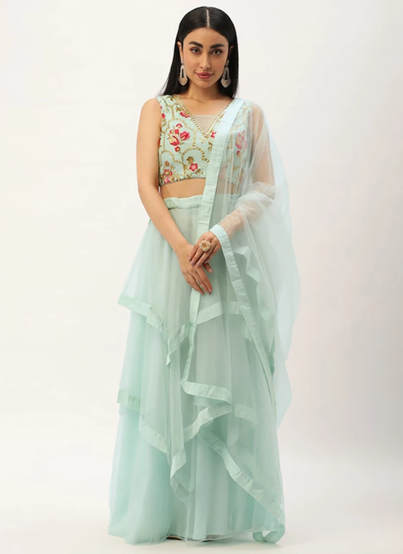 Teen Girls Blue Chinon Embroidered Green Net Lehenga Set Festive Wear - Image 3