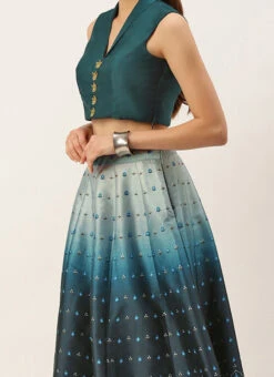 Teen Girls Blue Digital Printed Kali Indowestern Set Festive Wear