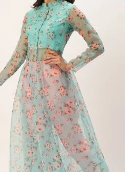 Teen Girls Blue Digital Printed Kurta Set With Straight Pant Festive Wear