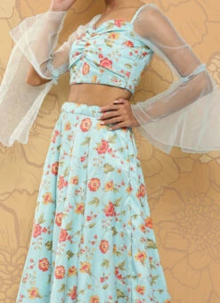 Teen Girls Blue Embroidered Art Silk Bell Sleeves Lehenga Wedding Wear