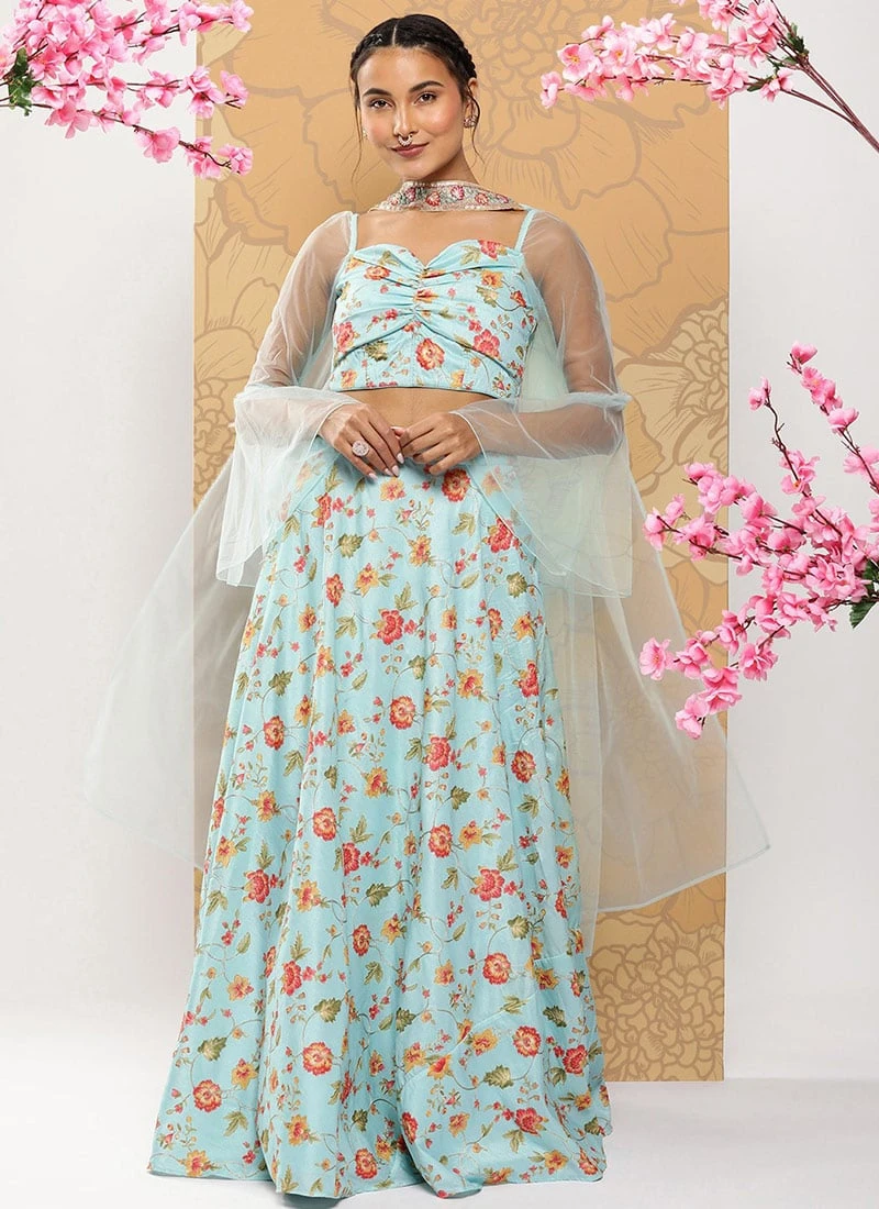 Teen Girls Blue Embroidered Art Silk Bell Sleeves Lehenga Wedding Wear - Image 3