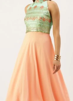Teen Girls Blue Embroidered N Peach Layered Gown Party Wear