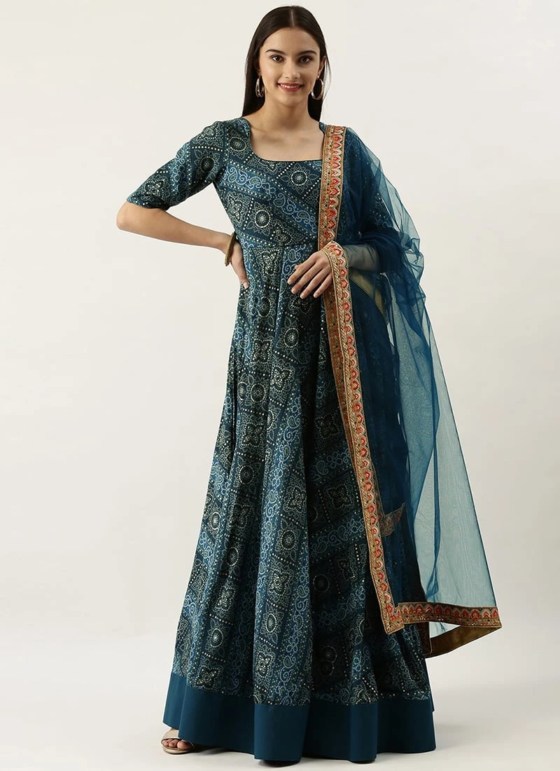Teen Girls Blue Floor Length Anarkali Suit Festive Wear - Image 3