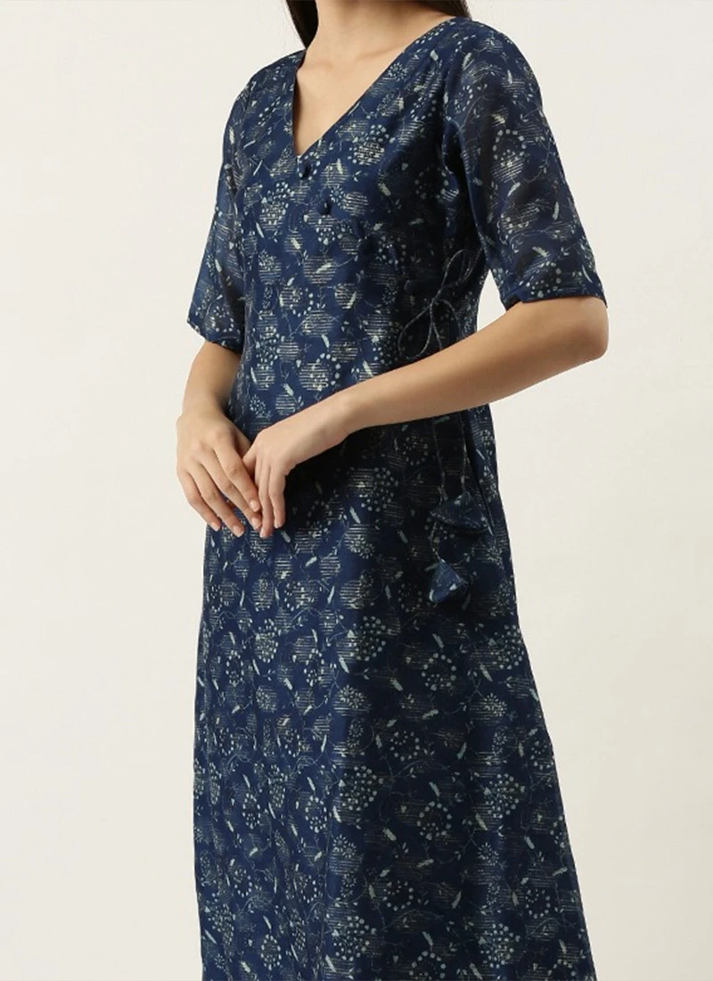 Teen Girls Blue Foil Calf Length Kurta Set Work Wear