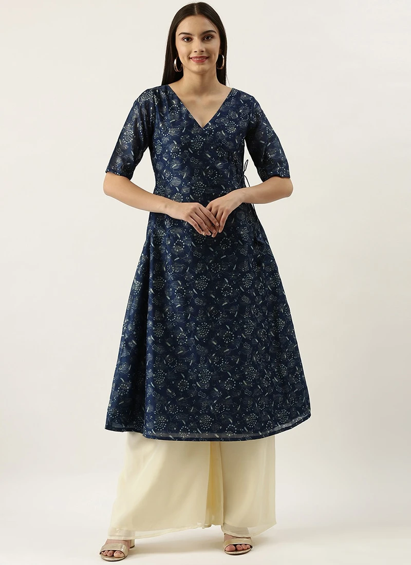 Teen Girls Blue Foil Calf Length Kurta Set Work Wear - Image 3