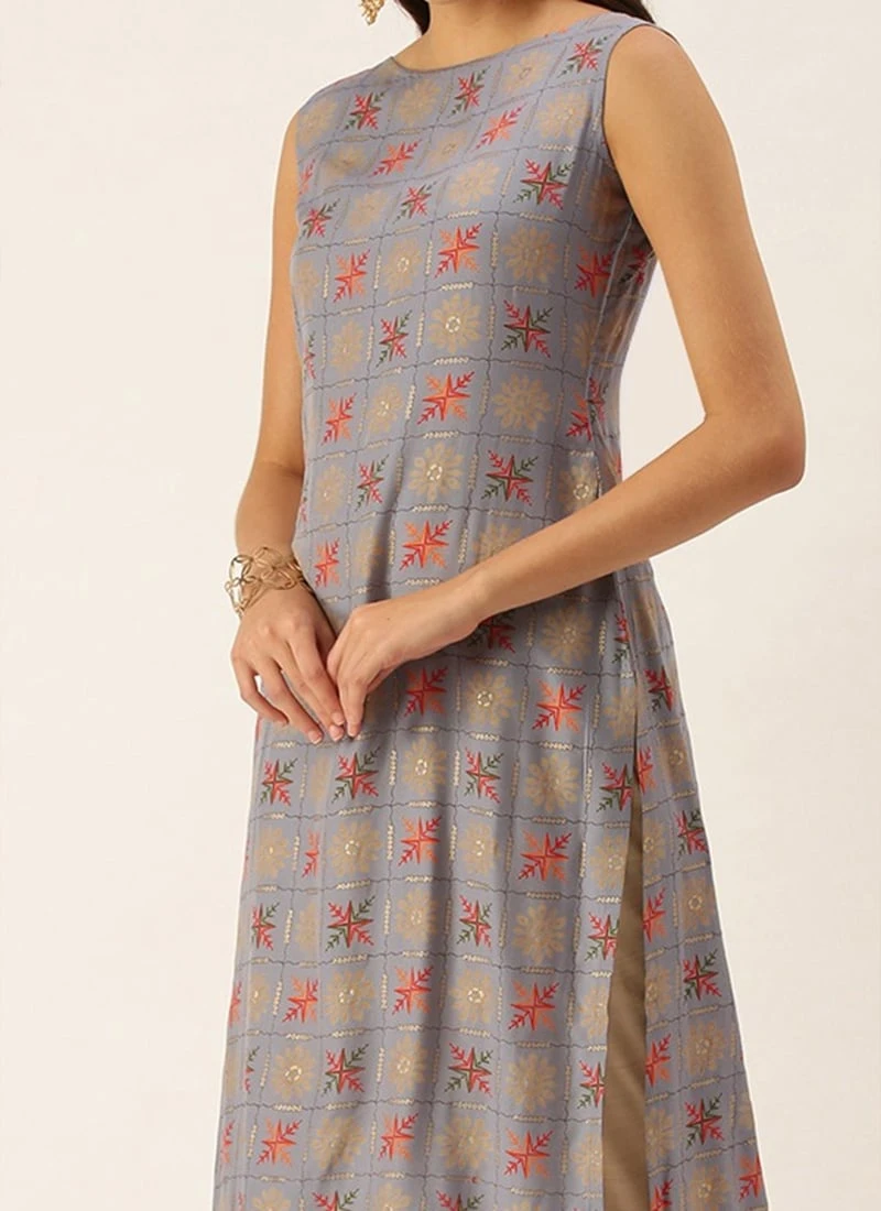 Teen Girls Blue Foil Printed Kurta N Straight Pant Set Festive Wear