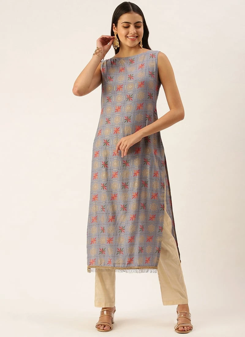 Teen Girls Blue Foil Printed Kurta N Straight Pant Set Festive Wear - Image 3