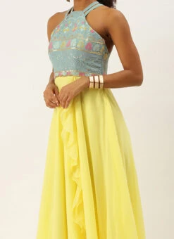Teen Girls Blue Georgette Sequins Yellow Gown Party Wear